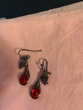 Red Glass Drop Leaf Earrings - Women Jewelry